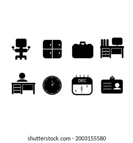 Editable set of black  vector line icons - luggage room vector, christmas calendar, manager, ID card, suitcase, desk, work chair, wall clock.