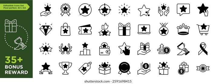 Editable set of bonus, benefits, offers and rewards stroke outline icons arranged separately on transparent background flat vector illustration. Perfect pixel size. 64 x 64