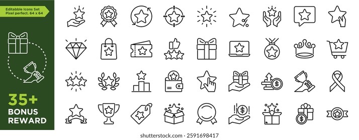 Editable set of bonus, benefits, offers and rewards stroke outline icons arranged separately on transparent background flat vector illustration. Perfect pixel size. 64 x 64