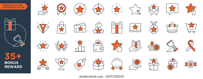Editable set of bonus, benefits, offers and rewards stroke outline icons arranged separately on transparent background flat vector illustration. Perfect pixel size. 64 x 64