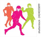 editable set of colorful vector american football players posing for any graphic background, sport elements