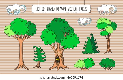 Editable set of hand drawn colorful trees and bushes.Magical fairytale branching woods. Vector illustration.
