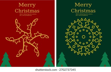 Editable Set of Modern Minimal Christmas Greeting Cards with Golden Geometric Designs on Red and Green Backgrounds – Elegant Festive Holiday Illustrations for Seasonal Greetings and Winter Celebration