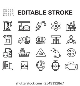 Editable set of Oil and Gas industry thin line icons. Oil, gas, refineries, petroleum, lubricants, oil barrels and gas pumps.