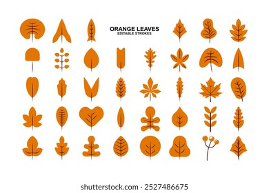 Editable Set of Orange Autumn Leaf Icons. Collection of Orange Leaves with red brown stems. Simple linear leaves. Collection Simple orange fall leaf. Flat Vector Illustration.