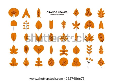 Editable Set of Orange Autumn Leaf Icons. Collection of Orange Leaves with red brown stems. Simple linear leaves. Collection Simple orange fall leaf. Flat Vector Illustration.