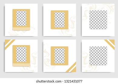 Editable set of square abstract marble pattern texture banner template for social media post and cover. Minimalist design background in gold yellow color. Vector illustration