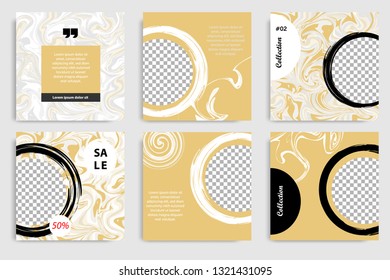 Editable set of square abstract marble pattern texture banner template for social media post and cover. Minimalist design background in gold yellow color. Vector illustration