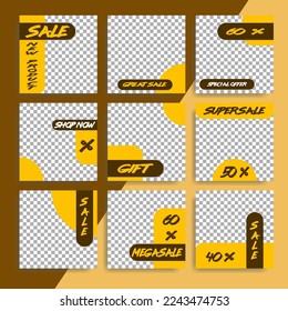 Editable set of square social media post templates with yellow and brown colors with discounts and giveaways. Social media advertising template, also a good template for other online ads.