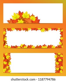 Editable set of three vector banners with autumn leaf motif. Everything on layers on a transparent background. Easy to use.