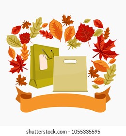 Editable Shopping Bags and Ribbon With Various Leaves Vector Illustration for Thanksgiving and  Autumn Seasonal Marketing Concept