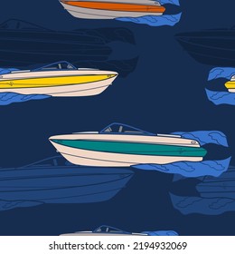 Editable Side View American Bowrider Boats in Various Colors on Water Vector Illustration as Seamless Pattern for Creating Background of Transportation or Recreation Related Design svg