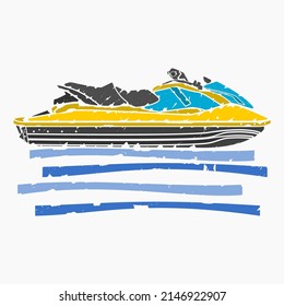 Editable Side View Brush Strokes Personal Watercraft or Water Scooter on Calm Water Vector Illustration for Artwork Element of Transportation or Recreation Related Design