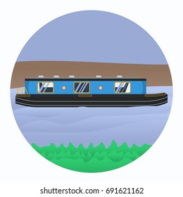 Editable Side View Canal Boat On Wavy Blue Water Vector Illustration With Grass And Land In Circle Frame For Artwork Element Of Transportation Or Recreation Of United Kingdom Or Europe Related Design