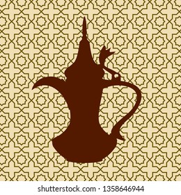 Editable Side View Dallah Arabian Coffee Jug Silhouette on Patterned Background Vector Illustration for Cafe with Middle Eastern Culture Tradition and Islamic Moments Related Design