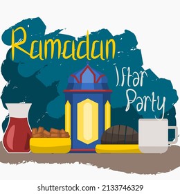 Editable Side View Dates Fruit, Sliced Bread, Turkish Tea and Coffee With Arab Lantern Vector Illustration for Ramadan Iftar Party Poster or Cafe With Middle Eastern Culture Design Concept