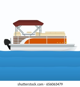 Editable Side View Detailed Pontoon Boat on Calm Blue Water Vector Illustration for Artwork Element of Transportation or Recreation Related Design