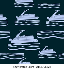 Editable Side View Flat Monochrome Sport Arch Pontoon Boat Vector Illustration with Dark Background as Seamless Pattern for Creating Background of Transportation or Recreation Related Design