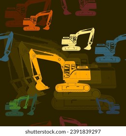 Editable Side View Flat Monochrome Excavators Vector Illustration in Various Colors as Seamless Pattern With Dark Background for Vehicle or Construction Industry Related Design