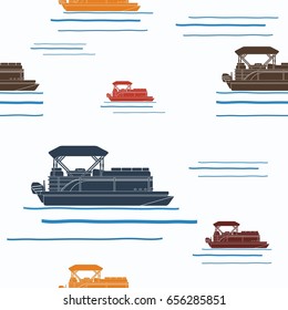 Editable Side View Flat Style Pontoon Boat Vector Illustration with Various Colors as Seamless Pattern for Creating Background of Transportation or Recreation Related Design