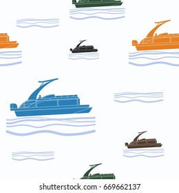 Editable Side View Flat Style Sport Arch Pontoon Boat Vector Illustration with Various Colors as Seamless Pattern for Creating Background of Transportation or Recreation Related Design