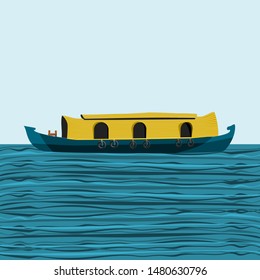 Editable Side View Indian Keralan Houseboat Backwater on Wavy Lake Vector Illustration for Artwork Element of Transportation or Recreation of Southwestern India Related Design