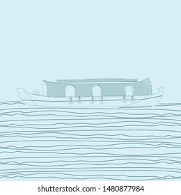 Editable Side View Indian Keralan Houseboat Backwater on Wavy Lake Vector Illustration in Outline Style for Artwork Element of Transportation or Recreation of Southwestern India Related Design