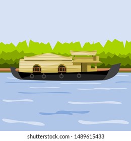 Editable Side View Indian Keralan Houseboat Backwater at Coast of Lake Vector Illustration for Artwork Element of Transportation or Recreation of Southwestern India Related Design