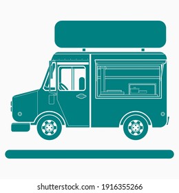 Editable Side View Mobile Food Truck with Sign Board Vector Illustration in Flat Monochrome Style for Artwork Element of Vehicle or Food and Drink Business Related Design