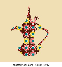 Editable Side View Mosaic Patterned Dallah Arabian Coffee Pitcher Silhouette Vector Illustration for Cafe With Middle Eastern Culture Tradition and Islamic Moments Related Design
