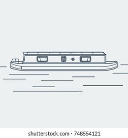 Editable Side View Narrow Boat Vector Illustration in Outline Style for Transportation or Recreation of United Kingdom or Europe Related Design