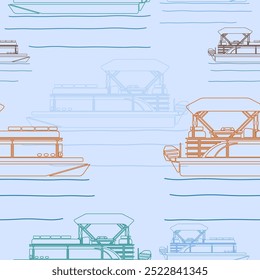 Editable Side View Outline Style Pontoon Boat Vector Illustration with Various Colors as Seamless Pattern for Creating Background of Transportation or Recreation Related Design