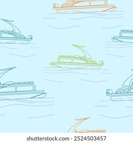 Editable Side View Outline Style Sport Arch Pontoon Boat Vector Illustration with Various Colors as Seamless Pattern for Creating Background of Transportation or Recreation Related Design