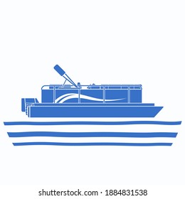 Editable Side View Pontoon Boat on Wavy Water Vector Illustration in Flat Monochrome Style with Blue Color for Artwork Element of Transportation or Recreation Related Design