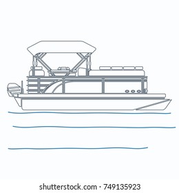 Editable Side View Pontoon Boat on Calm Water Vector Illustration in Outline Style for Transportation or Recreation Related Design