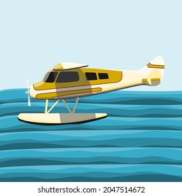 Editable Side View Pontoon Plane Flying Over a Wavy Lake Vector Illustration for Transportation or Recreation Related Design