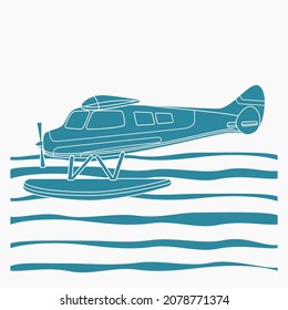 Editable Side View Pontoon Plane Flying Over a Wavy Lake Vector Illustration in Flat Monochrome Style for Transportation or Recreation Related Design