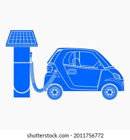 Editable Side View Solar Energy Electric Car Charging Vector Illustration in Flat Monochrome Style for Futuristic Eco-friendly Vehicle and Green Life or Renewable Energy Campaign