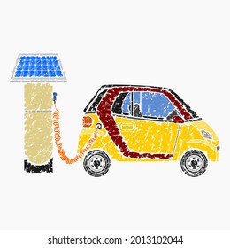 Editable Side View Solar Energy Electric Car Charging Vector Illustration in Brush Strokes Style for Futuristic Eco-friendly Vehicle and Green Life or Renewable Energy Campaign