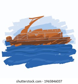 Editable Side View Sport Arch Pontoon Boat With Water and Sky Vector Illustration in Flat Brush Strokes Style for Artwork Element of Transportation or Recreation Related Design
