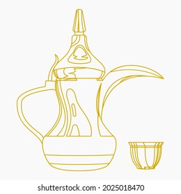 Editable Side View Traditional Arab Coffee in Finjan Demitasse Cup and Dallah Pot Vector Illustration in Outline Style for Cafe Design with Arabian Middle Eastern Culture Tradition and Islamic Moments