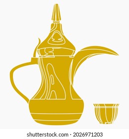 Editable Side View Traditional Arab Coffee in Finjan Demitasse Cup and Dallah Pot Vector Illustration in Flat Monochrome Style for Cafe Design with Arabian Middle Eastern and Islamic Culture Tradition