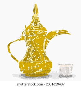 Editable Side View Traditional Arab Coffee in Finjan Demitasse Cup and Dallah Pot Vector Illustration in Brush Strokes Style for Cafe Design with Arabian Middle Eastern and Islamic Culture Tradition