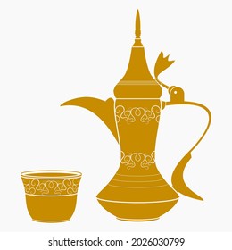 Editable Side View Traditional Arabic Coffee with Dallah Pot and Finjan Demitasse Cup Vector Illustration in Flat Monochrome Style for Cafe Related Design or Arab History and Tradition Culture