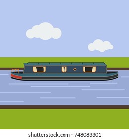 Editable Side View Typical Narrow Boat On Canal Vector Illustration In Flat Style For Transportation Or Recreation Of United Kingdom Or Europe Related Design