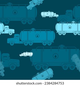 Vista lateral editable de los camiones de agua como patrón sin problemas con fondo oscuro para el día del agua o diseño relacionado con el medio ambiente y el transporte