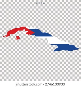 Editable silhouette map of Cuba filled with national flag colors. Country outline isolated on transparent background for geography, travel and design use.