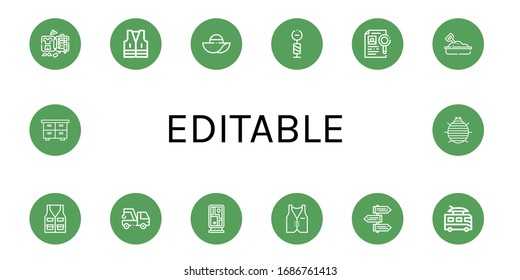 editable simple icons set. Contains such icons as Luggage, Vest, Pamela, Signpost, Dossier, Sandbox, Tow, Guidepost, Camper, Chest, Woodlouse, can be used for web, mobile and logo