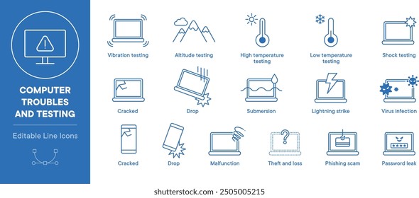 Iconos de línea simples editables relacionados con problemas y pruebas de la computadora, que incluyen caída, sumersión, caída de rayos, infección por virus y más.