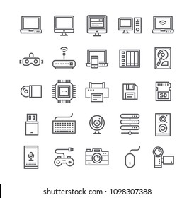 Editable simple line stroke vector icon set,Tech computer and various device laptops, routers, voice secretaries, cameras and more..48x48 Pixel Perfect.